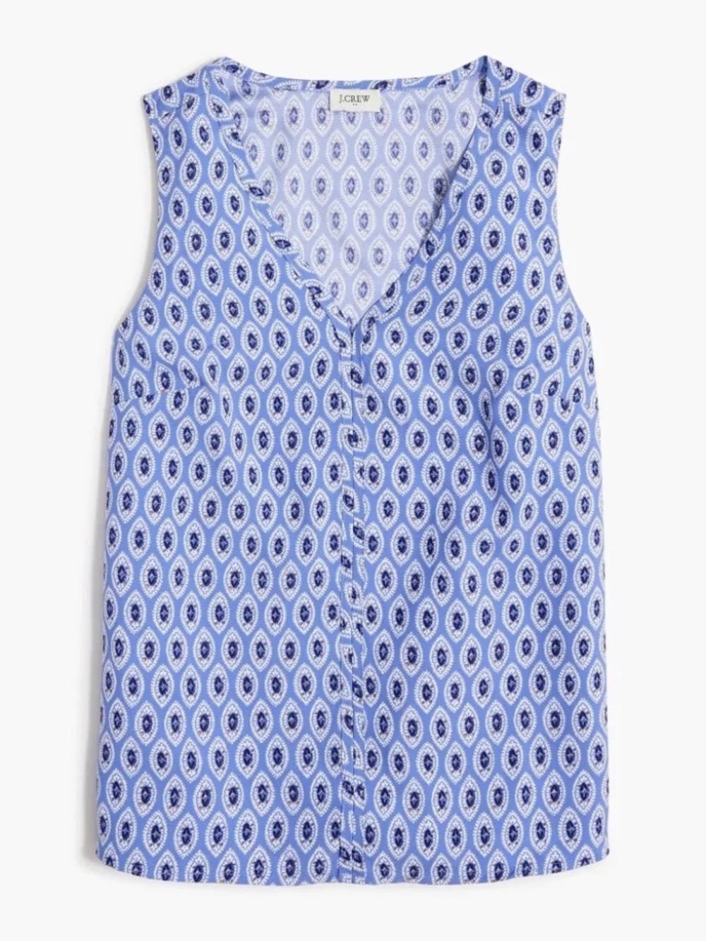 J.Crew Factory Printed Crepe Shell L Blue White Sleeveless V Neck EUC